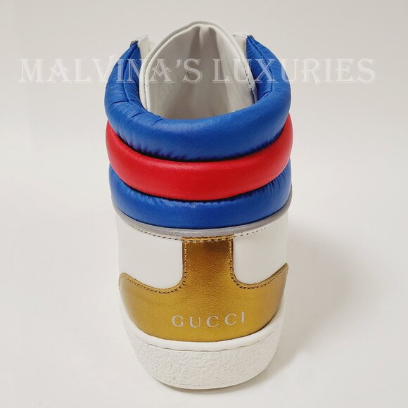 GUCCI SNEAKERS MENS ACE HIGH TOP WHITE LEATHER WEB STRIPE SHOES sz 10G 10.5 - Picture 5 of 12